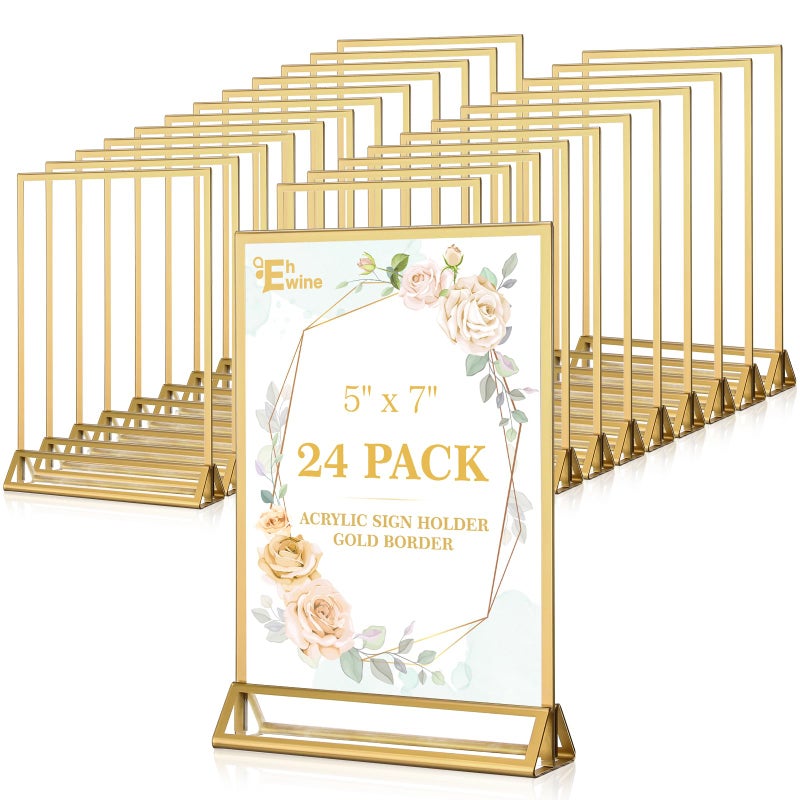 EHWINE 24 Pack Acrylic Sign Holder 5 x 7, Double Sided Gold Picture Frame Stand up Table Top Sign Holders, Clear Display Stand Menu Flyer Holder for Wedding Party - Image 1
